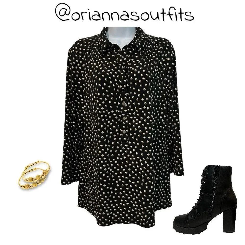 🔥4/$25 Alfani Gold Pearl Polka Dress Shirt Pleated Shoulder Black Size XL
